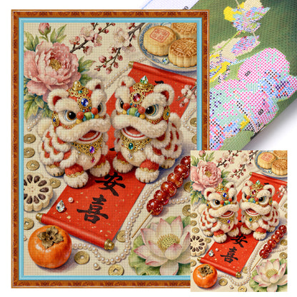 Auspicious Lion Offering Tribute - 11CT Stamped Cross Stitch 50*70CM(Mona Lisa Brand)