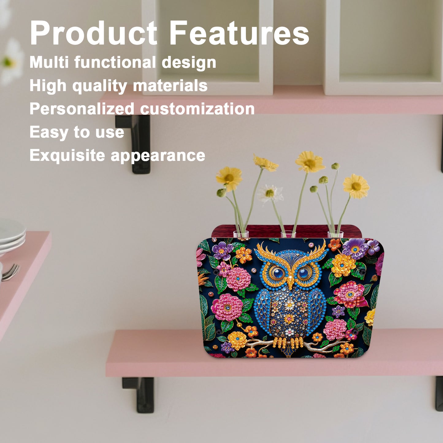 Owl DIY Flower Vase Wooden Double Sided Desktop Diamond Art Kit for Home Decor