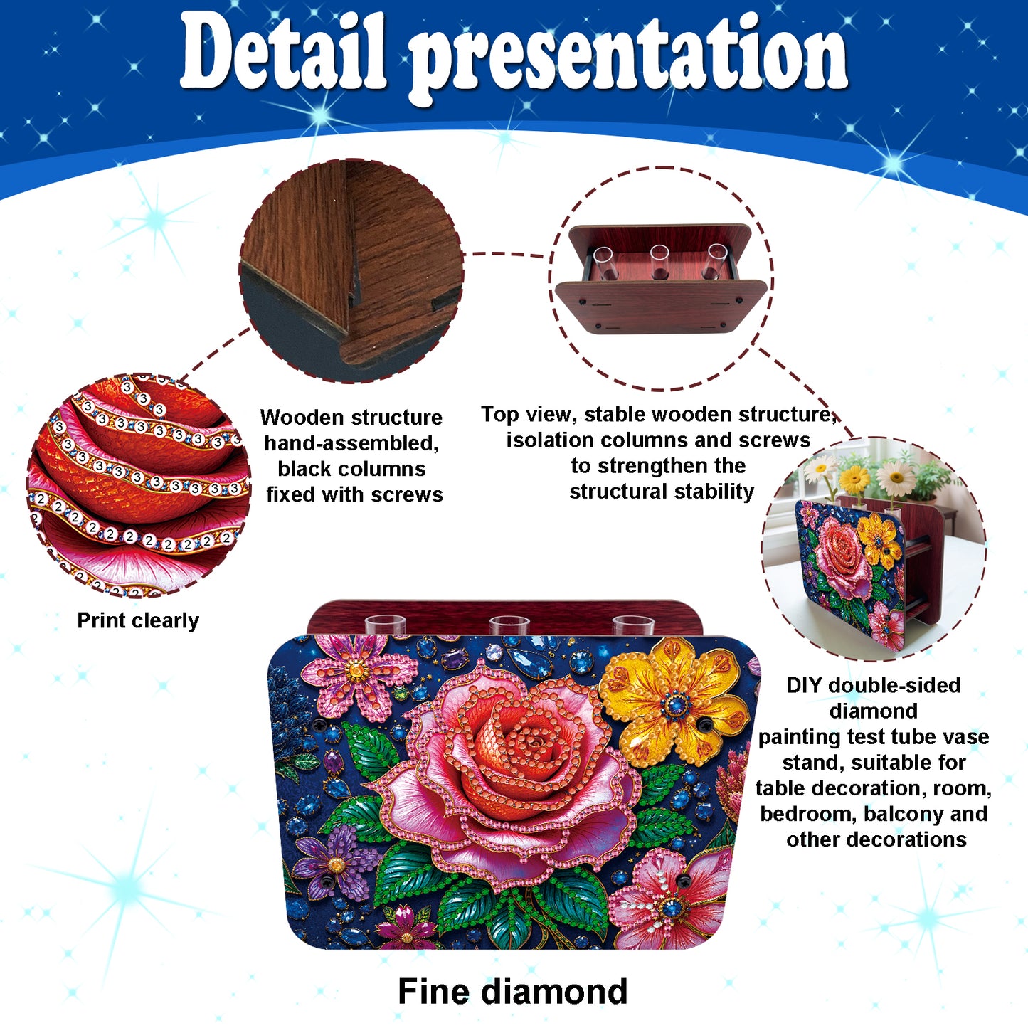 Rose DIY Flower Vase Wooden Double Sided Desktop Diamond Art Kit for Home Decor