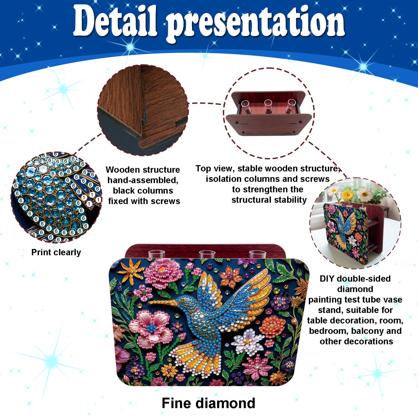 Hummingbird DIY Flower Vase Wooden Double Sided Desktop Diamond Art Kit Decor