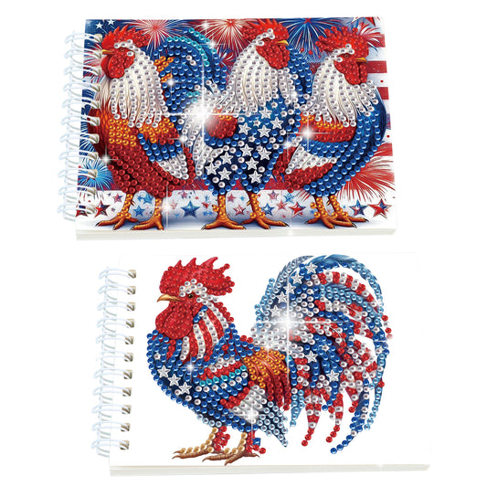 2 Pack USA Flag Rooster DIY Diamond Art Spiral Notebook Kit 80Pages No Lines