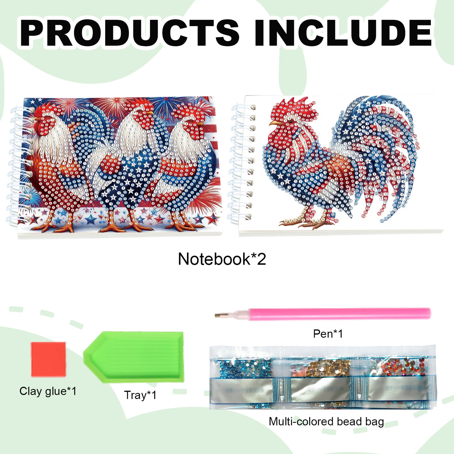 2 Pack USA Flag Rooster DIY Diamond Art Spiral Notebook Kit 80Pages No Lines