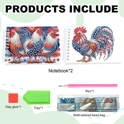 2 Pack USA Flag Rooster DIY Diamond Art Spiral Notebook Kit 80Pages No Lines