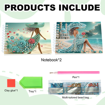 2 Pack Elegant Skirt Lady DIY Diamond Art Spiral Notebook Kit 80Pages No Lines