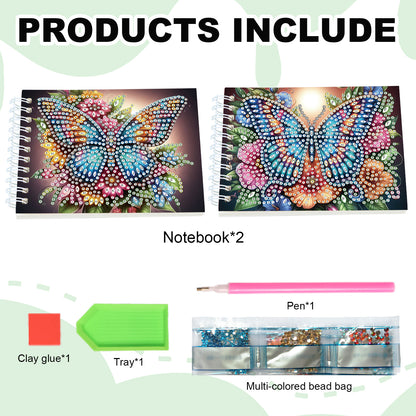 2 Pack Butterfly DIY Diamond Art Spiral Notebook Kit 80Pages No Lines Gifts