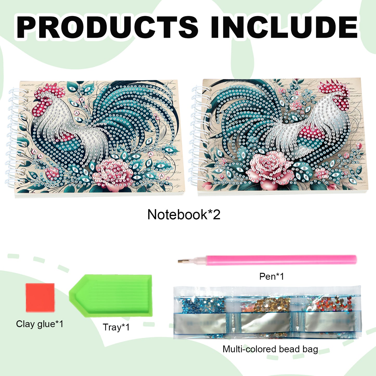 2 Pack Rooster DIY Diamond Art Spiral Notebook Kit 80Pages No Lines for Adults