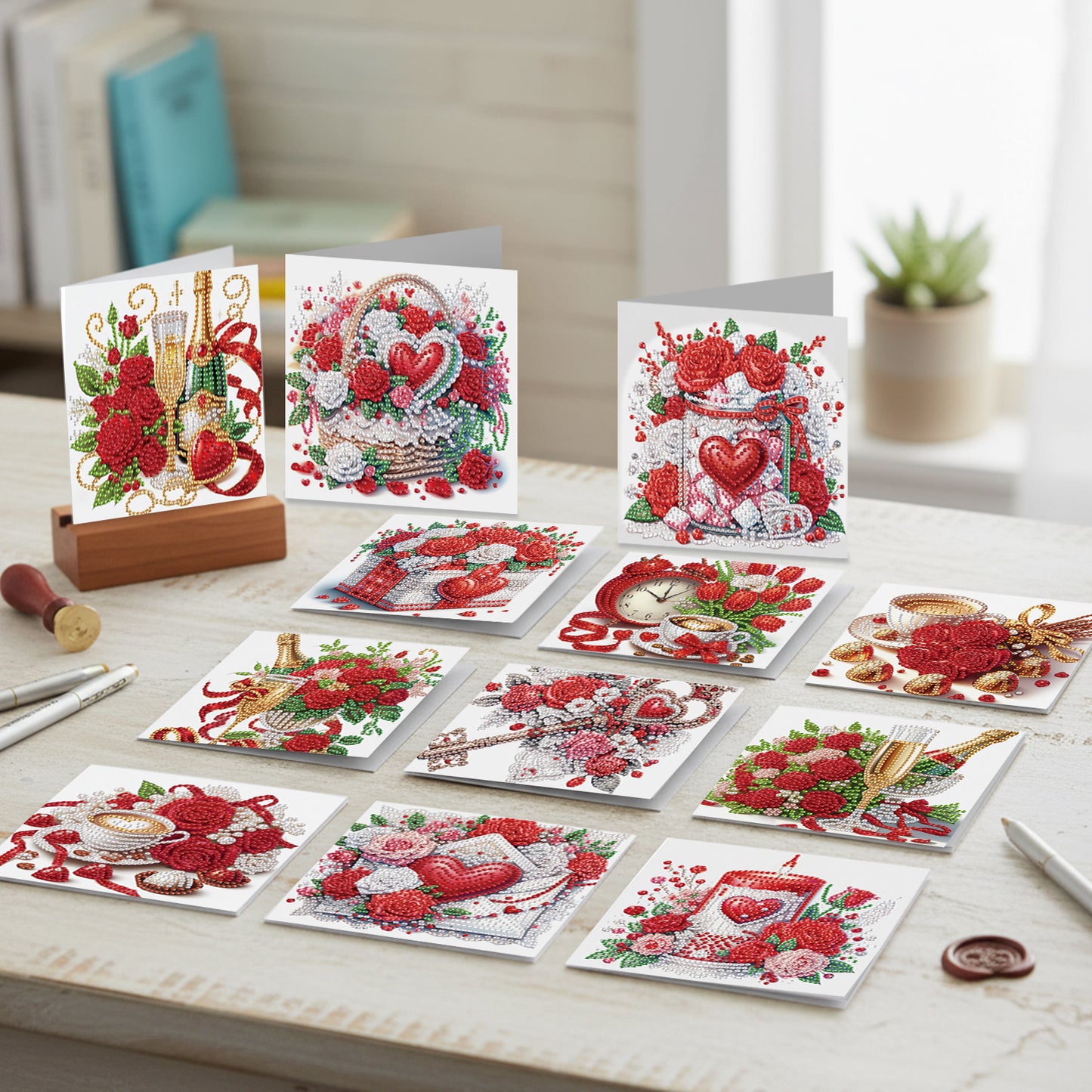 12pcs Rose Theme DIY Diamond Art Greeting Cards with Envelope for Birthday Gift