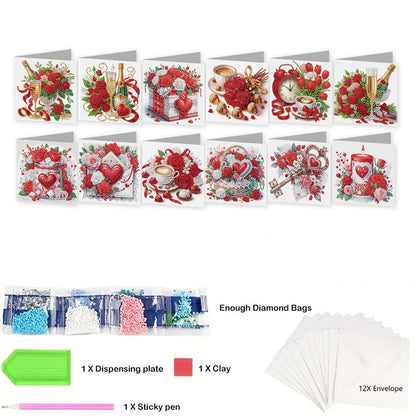 12pcs Rose Theme DIY Diamond Art Greeting Cards with Envelope for Birthday Gift