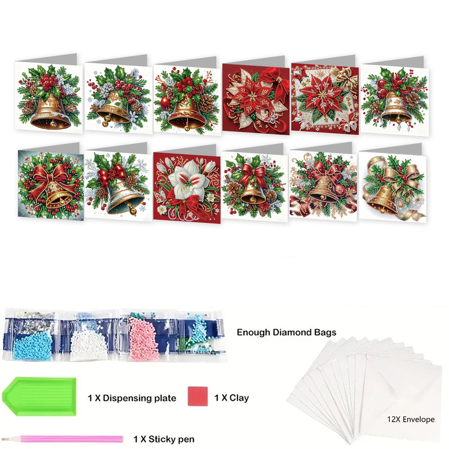 12Pcs Xmas Bell DIY Diamond Painting Greeting Cards for Adult Holiday Gifts