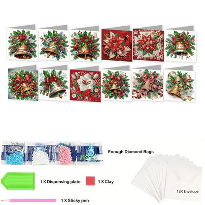 12Pcs Xmas Bell DIY Diamond Painting Greeting Cards for Adult Holiday Gifts