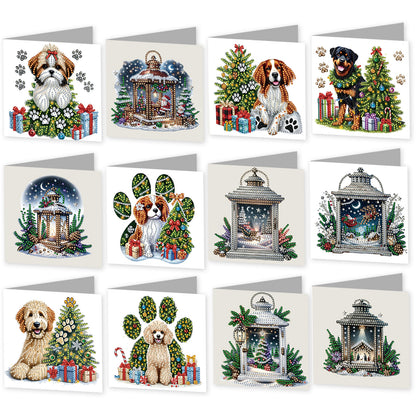 12Pcs Xmas Dog DIY Diamond Painting Greeting Cards for Adult Holiday Gifts