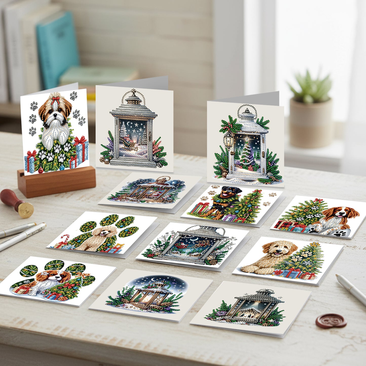 12Pcs Xmas Dog DIY Diamond Painting Greeting Cards for Adult Holiday Gifts