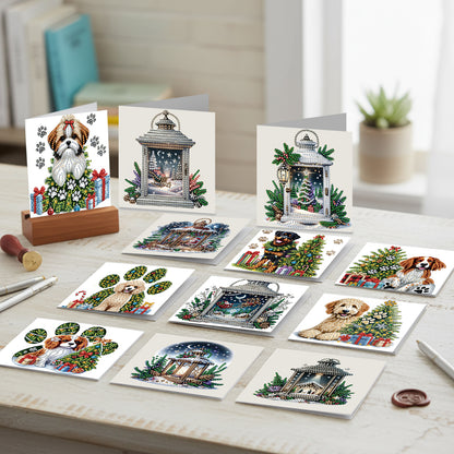 12Pcs Xmas Dog DIY Diamond Painting Greeting Cards for Adult Holiday Gifts