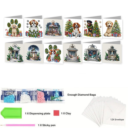 12Pcs Xmas Dog DIY Diamond Painting Greeting Cards for Adult Holiday Gifts