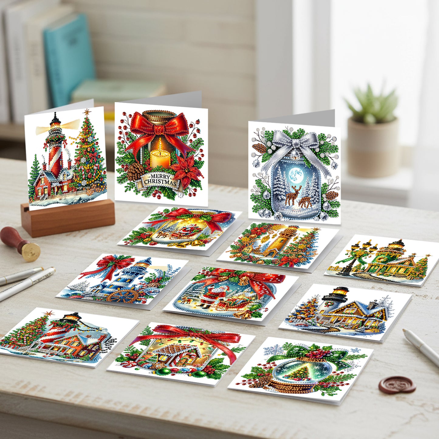 12Pcs Xmas Lighthouse DIY Diamond Painting Greeting Cards for Adult Holiday Gift