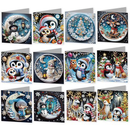 12Pcs Xmas Animal DIY Diamond Painting Greeting Cards for Adult Holiday Gifts
