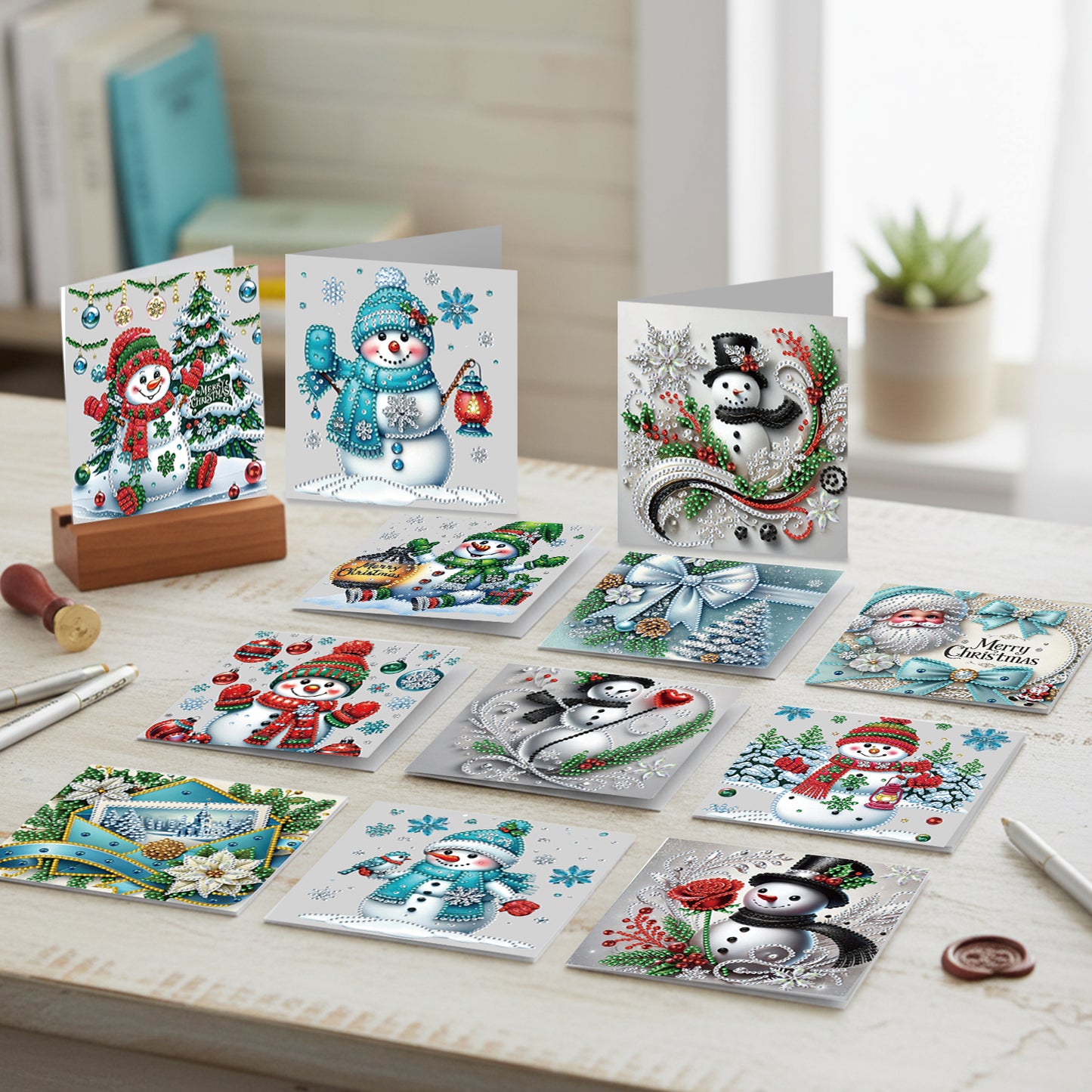 12Pcs Xmas Snowman DIY Diamond Painting Greeting Cards for Adult Holiday Gifts