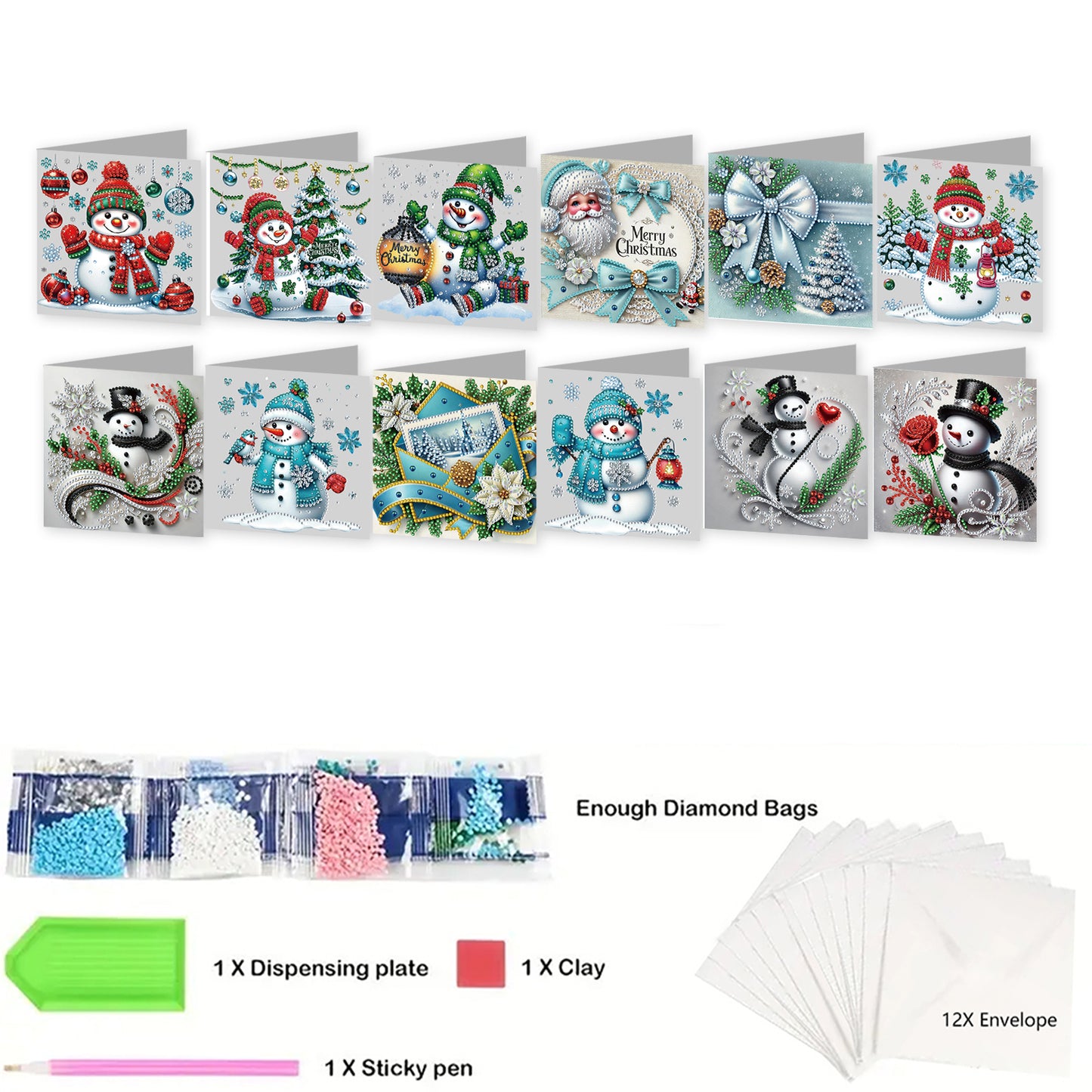 12Pcs Xmas Snowman DIY Diamond Painting Greeting Cards for Adult Holiday Gifts
