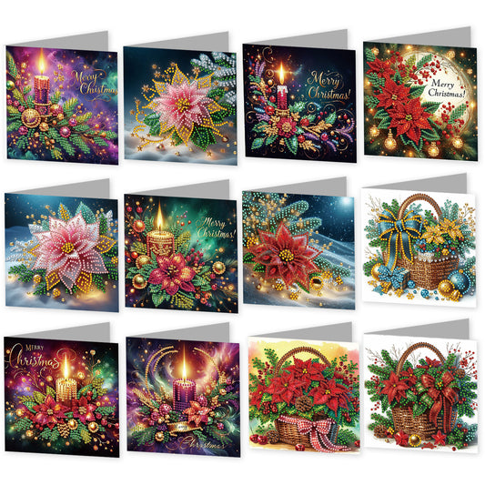 12Pcs Xmas Flower DIY Diamond Painting Greeting Cards for Adult Holiday Gifts