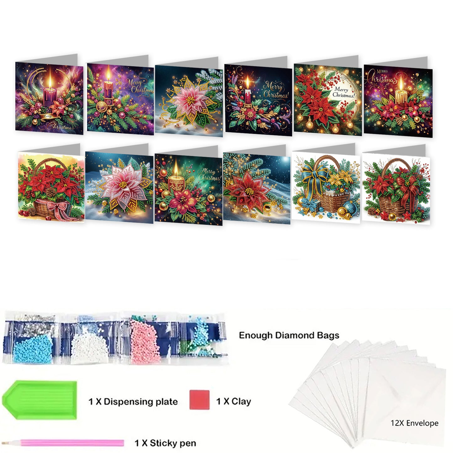 12Pcs Xmas Flower DIY Diamond Painting Greeting Cards for Adult Holiday Gifts