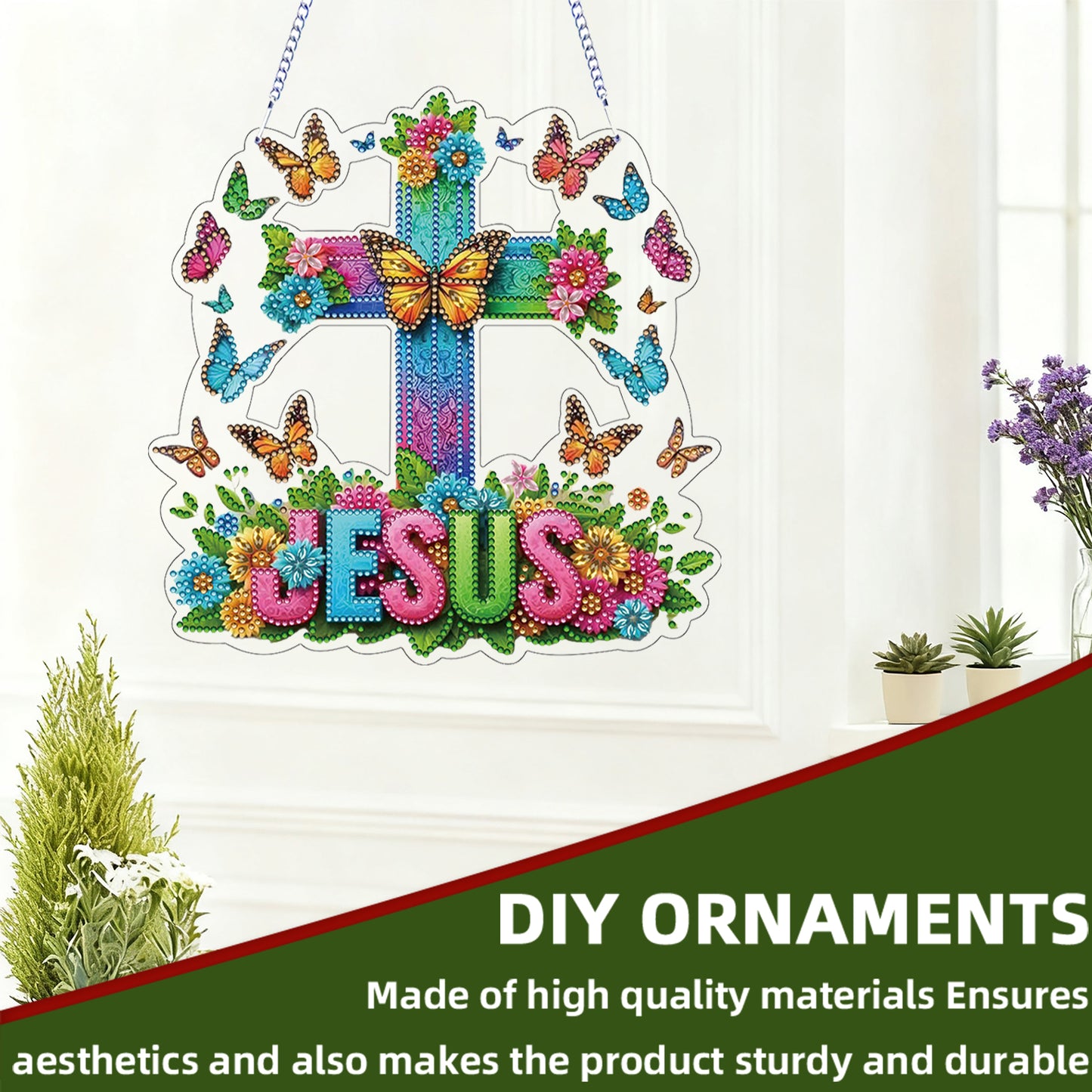 Easter 2D Flat DIY Hanging Diamond Art Ornament Home Window Pendant (Cross)
