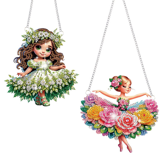 2Pcs Girl 2D Flat DIY Hanging Diamond Art Ornament Window Pendant (Floral Skirt)