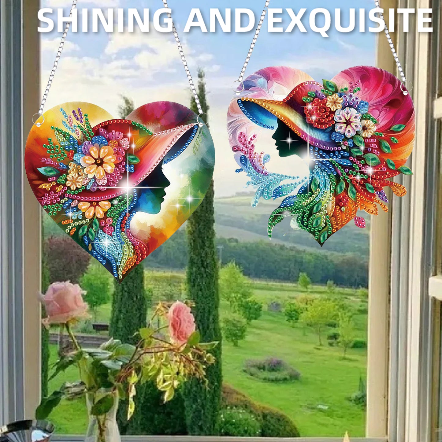 2Pcs Girl 2D Flat DIY Hanging Diamond Art Ornament Window Pendant (Top Hat)