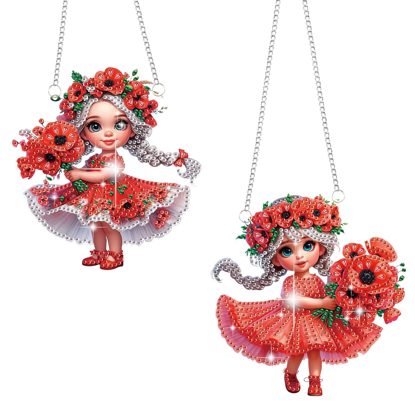 2Pcs Girl 2D Flat DIY Hanging Diamond Art Ornament Window Pendant (Poppy Flower)