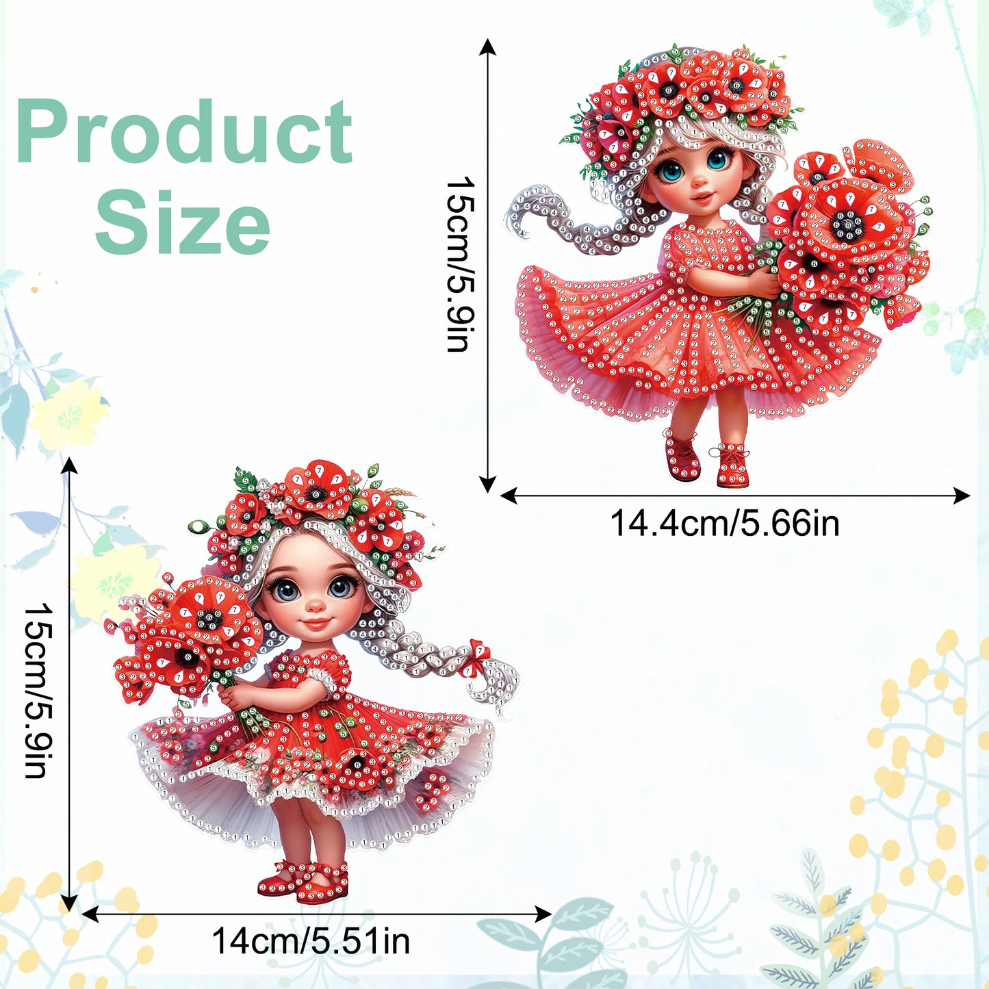 2Pcs Girl 2D Flat DIY Hanging Diamond Art Ornament Window Pendant (Poppy Flower)