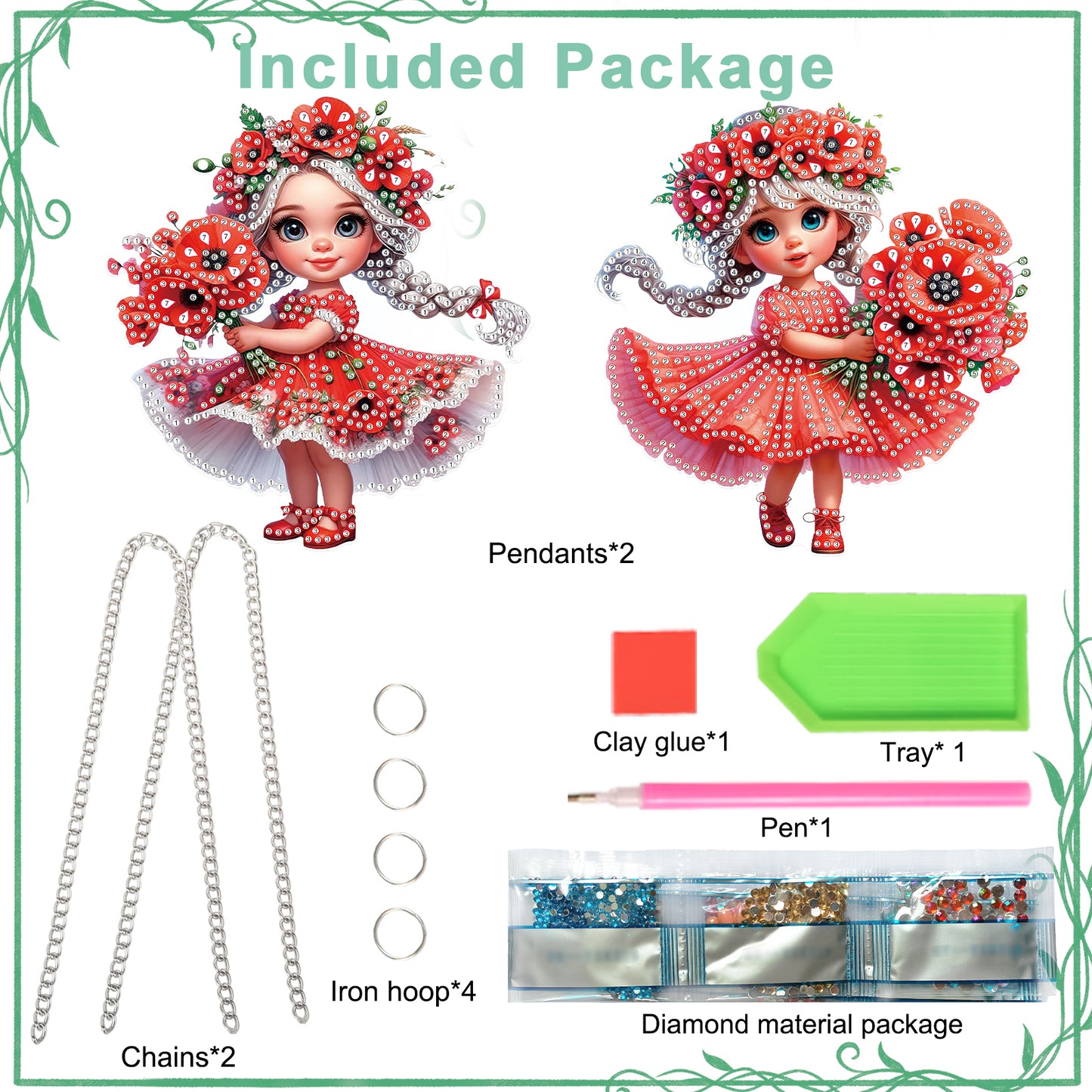 2Pcs Girl 2D Flat DIY Hanging Diamond Art Ornament Window Pendant (Poppy Flower)