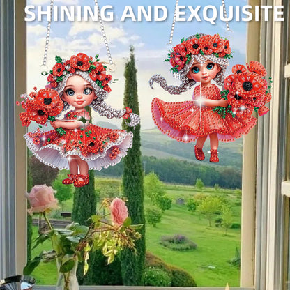2Pcs Girl 2D Flat DIY Hanging Diamond Art Ornament Window Pendant (Poppy Flower)