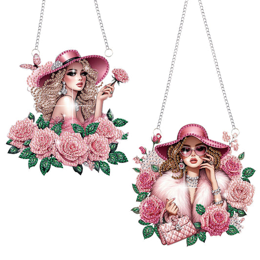 2Pcs Girl 2D Flat DIY Hanging Diamond Art Ornament Window Pendant (Floral Hat)