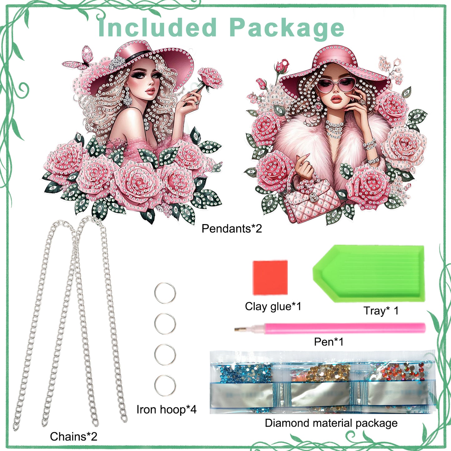 2Pcs Girl 2D Flat DIY Hanging Diamond Art Ornament Window Pendant (Floral Hat)