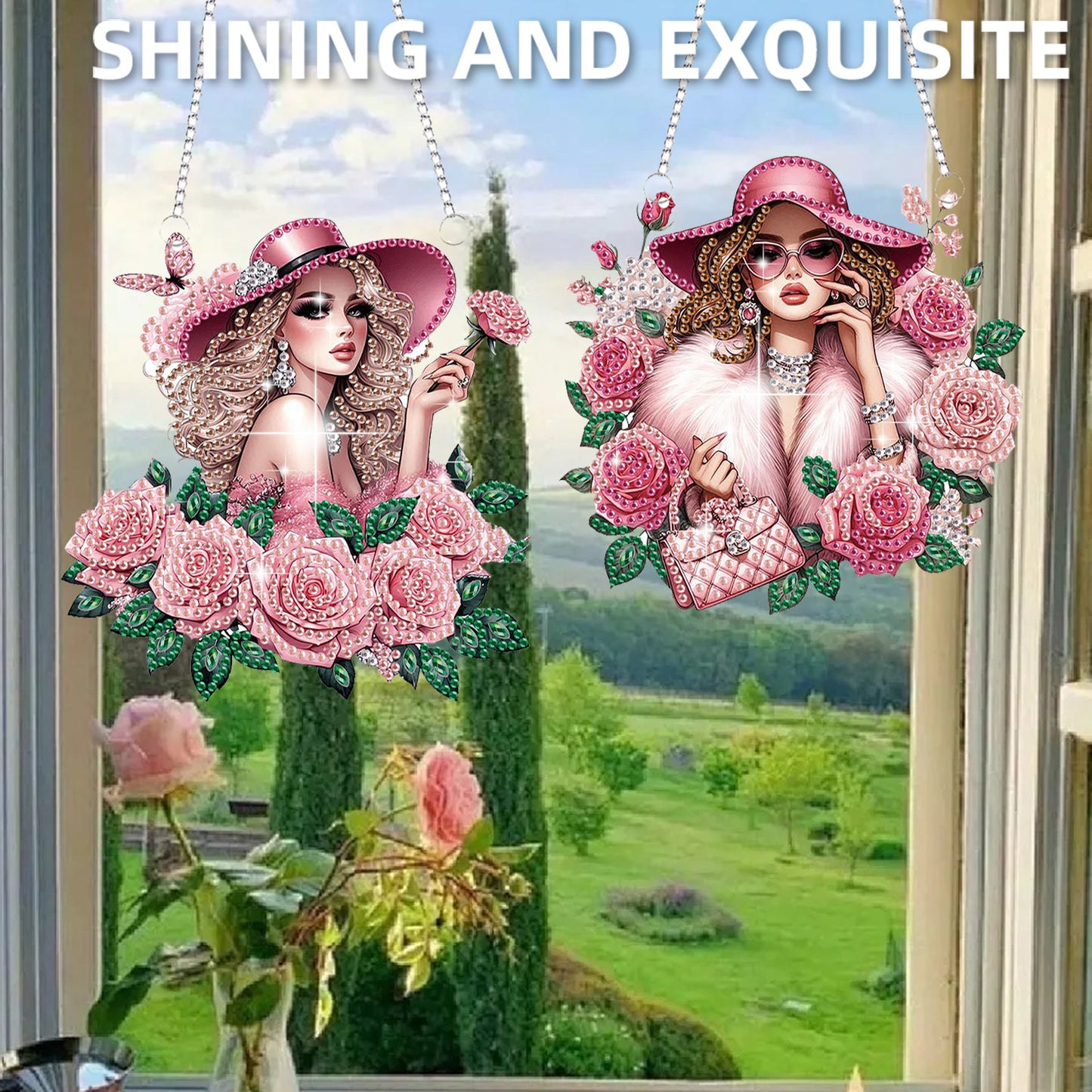 2Pcs Girl 2D Flat DIY Hanging Diamond Art Ornament Window Pendant (Floral Hat)
