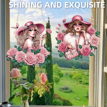 2Pcs Girl 2D Flat DIY Hanging Diamond Art Ornament Window Pendant (Floral Hat)
