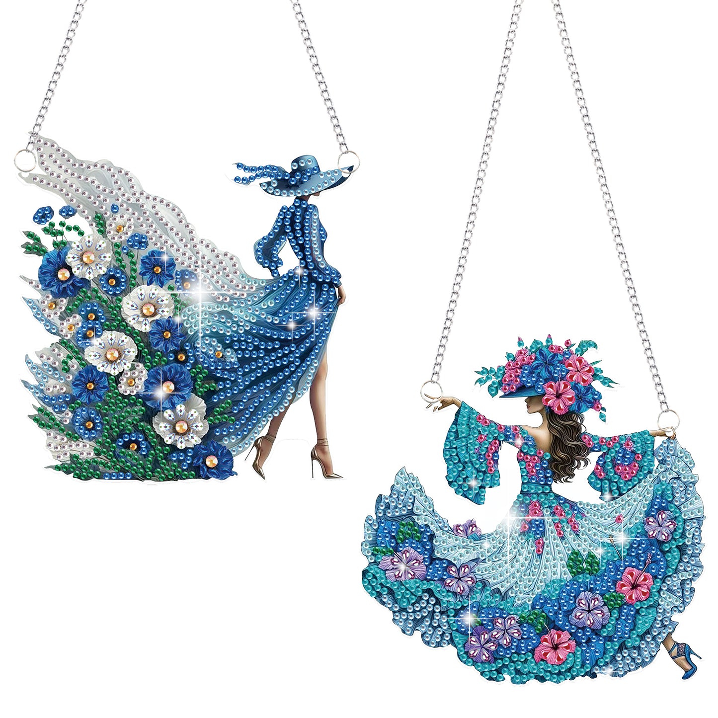 2Pcs Girl 2D Flat DIY Hanging Diamond Art Ornament Window Pendant (Floral Skirt)
