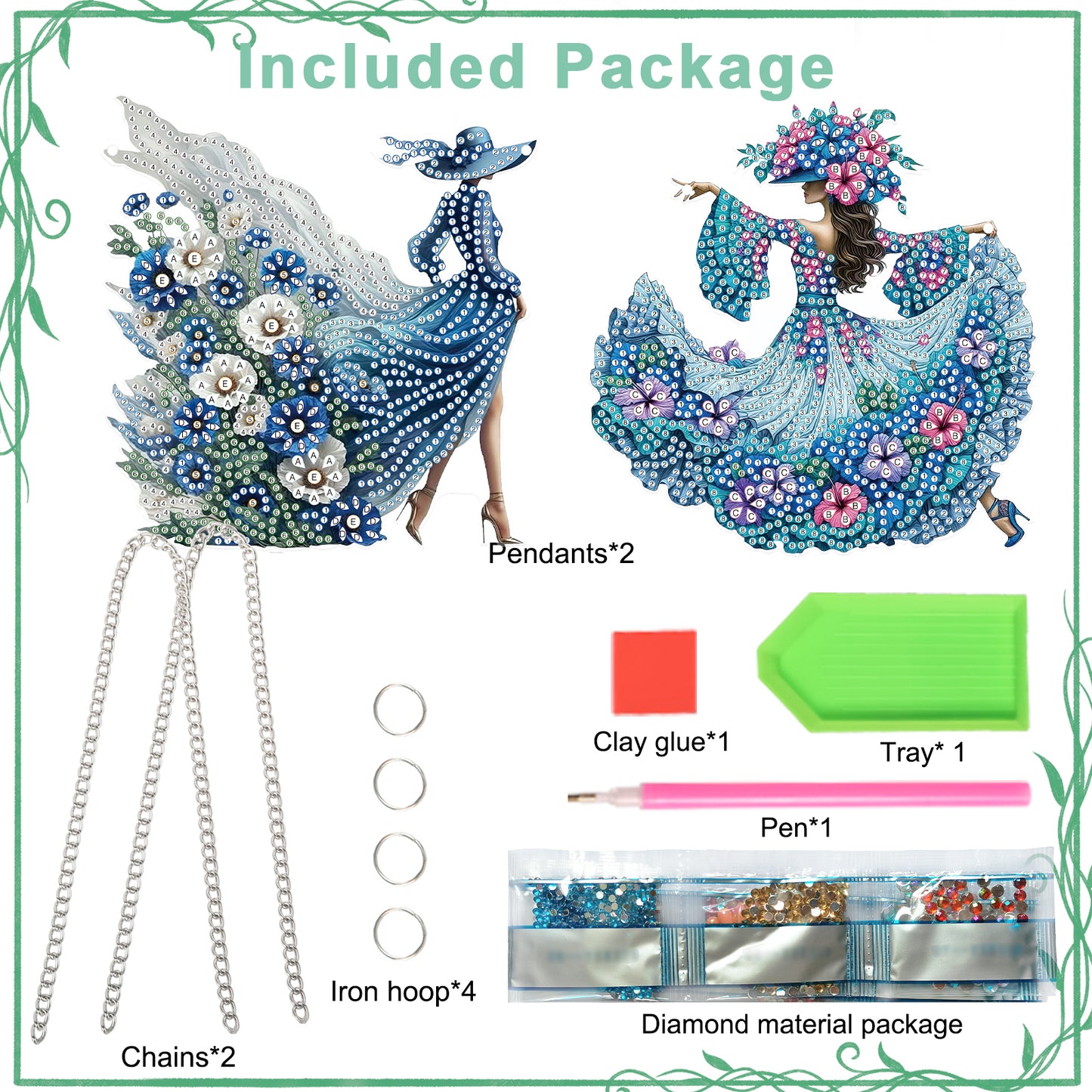 2Pcs Girl 2D Flat DIY Hanging Diamond Art Ornament Window Pendant (Floral Skirt)