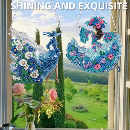 2Pcs Girl 2D Flat DIY Hanging Diamond Art Ornament Window Pendant (Floral Skirt)