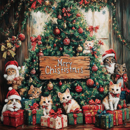Christmas Cat And Christmas Tree - Full Round Drill Diamond Painting 40*40CM