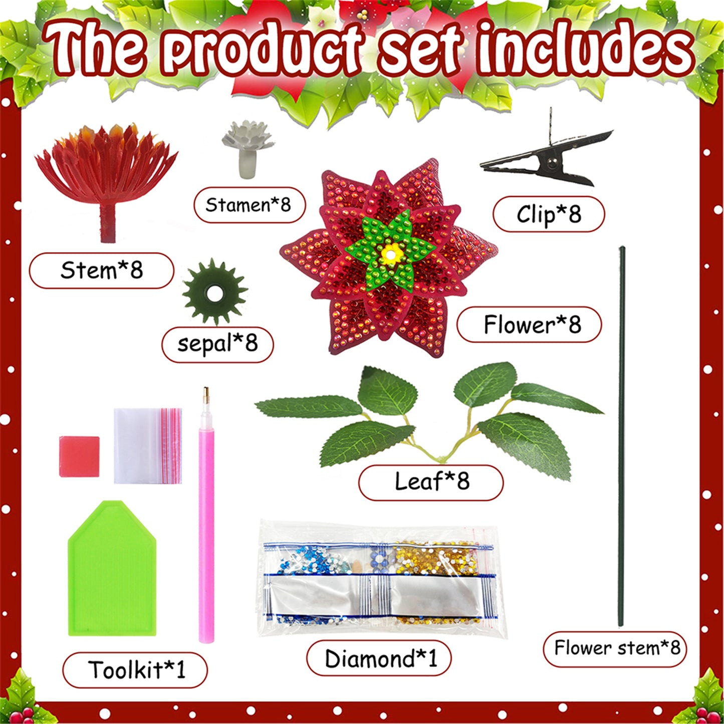 8Pcs 3D Red Artificial Flowers DIY Desktop Diamond Art Kit for Adults Home Decor