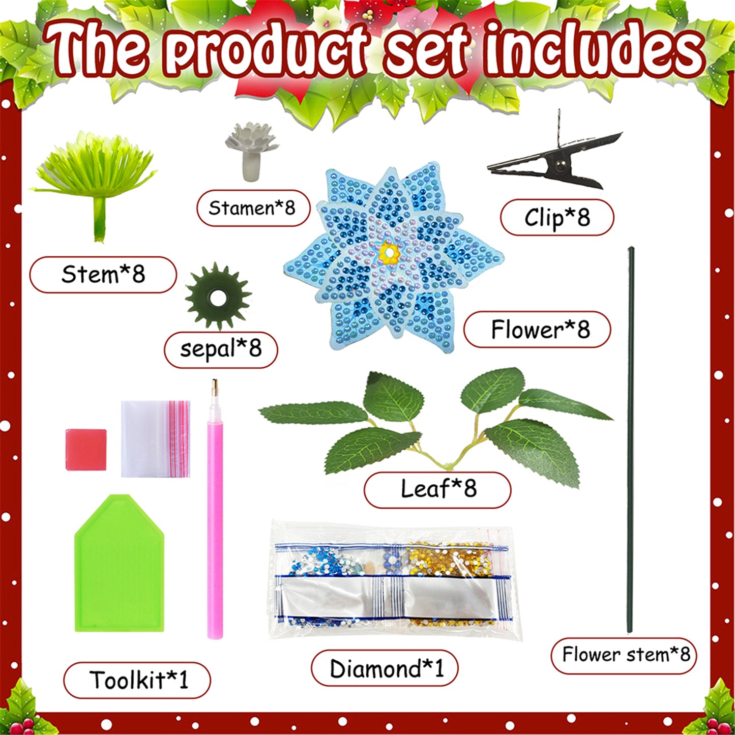 8Pcs 3D Blue Artificial Flowers DIY Desktop Diamond Art Kit for Adult Home Decor