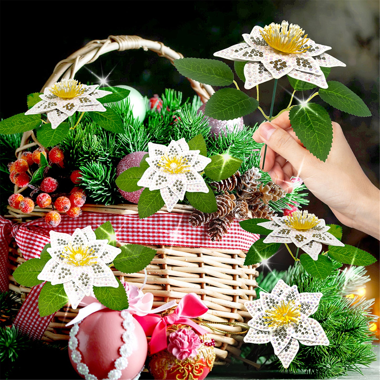 8Pcs 3D White Artificial Flowers DIY Desktop Diamond Art Kit Adults Home Decor