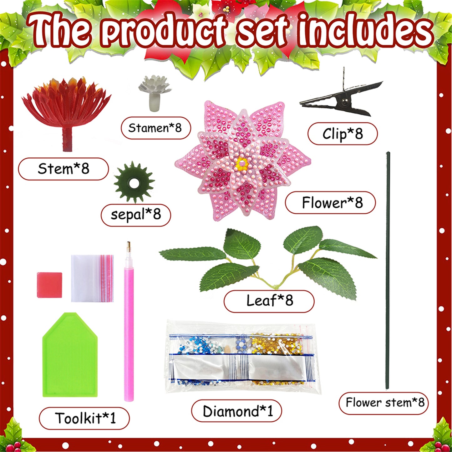 8Pcs 3D Pink Artificial Flowers DIY Desktop Diamond Art Kit for Adult Home Decor