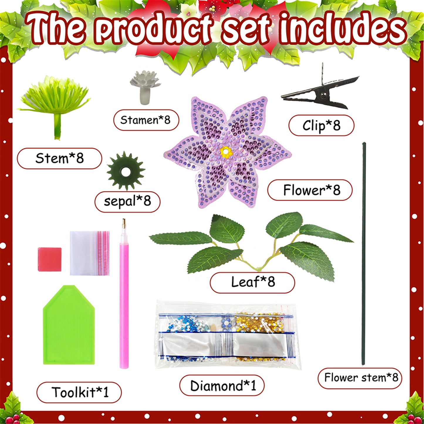 8Pcs 3D Purple Artificial Flowers DIY Desktop Diamond Art Kit Adults Home Decor