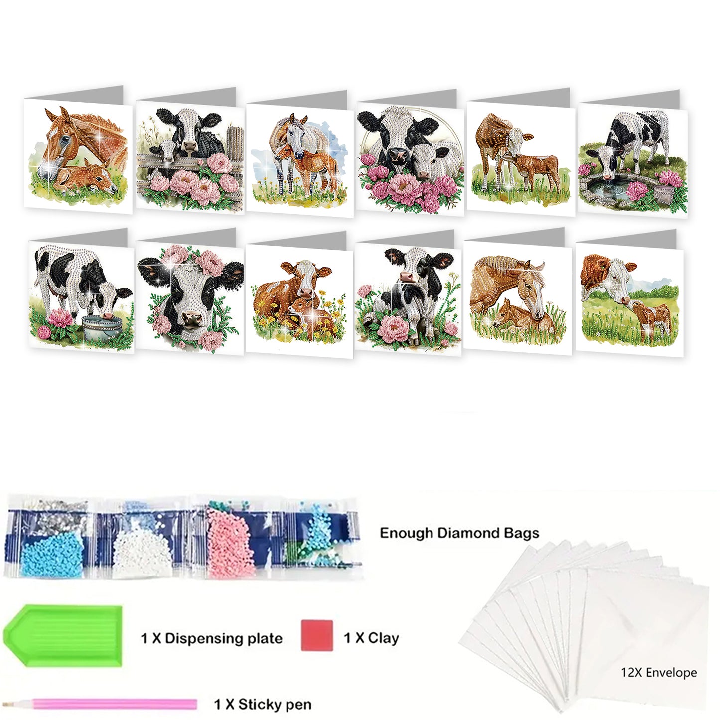 12pcs Cow Pattern DIY Diamond Art Greeting Cards with Envelope for Festivals