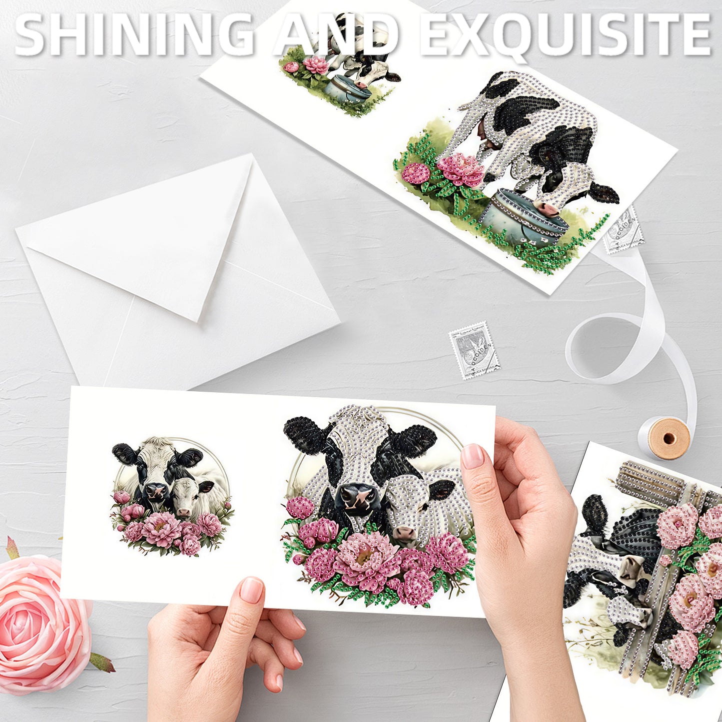 12pcs Cow Pattern DIY Diamond Art Greeting Cards with Envelope for Festivals