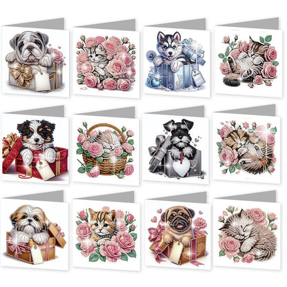 12pcs Cat Pattern DIY Diamond Art Greeting Cards with Envelope for Festivals