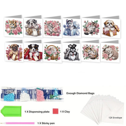 12pcs Cat Pattern DIY Diamond Art Greeting Cards with Envelope for Festivals