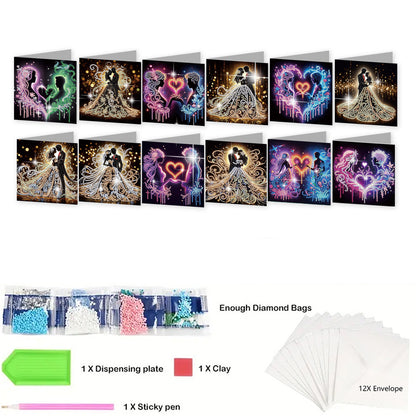 12PCS Couples DIY Diamond Painting Greeting Card Set with Envelopes for Adults