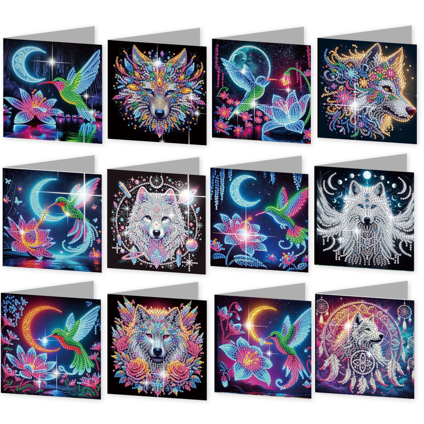 12PCS Hummingbird Wolf DIY Diamond Painting Greeting Card Set with Envelopes